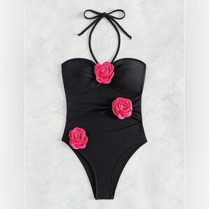 One Piece Swimsuit with Pink Floral Accents